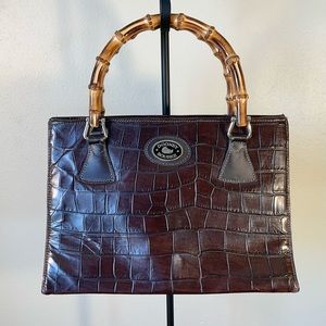 Dooney & Bourke Brown Croc-Embossed Leather Satchel with Bamboo Handles